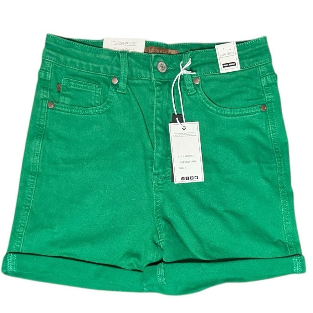 Judy Blue Shorts Green High Rise Tummy Control Cuffed Garment Dyed Stretch Denim - Picture 12 of 16